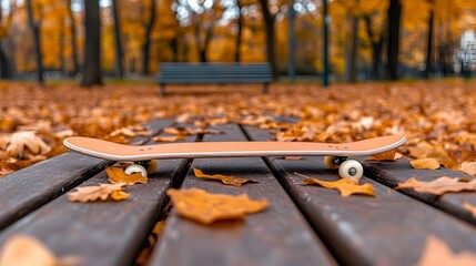 A tan skateboard rests on a park bench amidst fallen autumn leaves