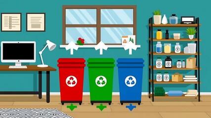Home Recycling System: Colorful Bins and Sustainable Lifestyle Illustration - Powered by Adobe