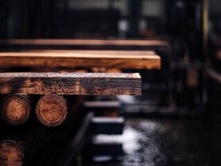 Close-up view of stacked lumber in a woodworking facility.