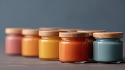 minimalistic image of glass jars filled with various colorful preserves neatly arranged on wooden table