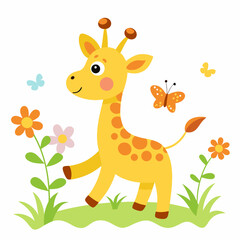 Joyful Cartoon Baby Giraffe Chasing Butterflies  Cute Vector on White