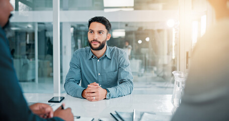 Business, man and hr for job interview in office for recruitment, hiring process and negotiation....