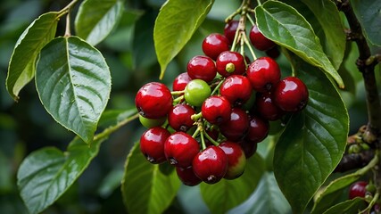 Lush Red Cherries on Branch Vibrant Green Leaves Close Up Fruit Photography