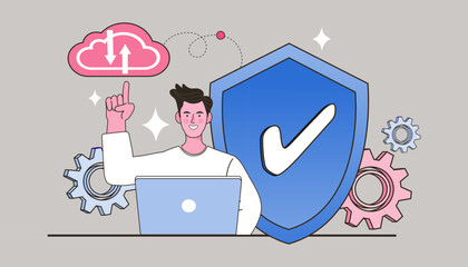 Consults computer security engineer. man consults with a computer. IT technology, safe network connection control. Firewall software, password identification and privacy web template. vector