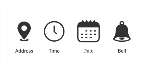 Time, date and address icon set. Calendar, clock, location. Vector illustration. Vector illustration.