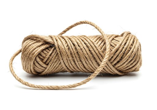 A close up studio shot of a roll of brown twine on a white background with a looped handle on the top