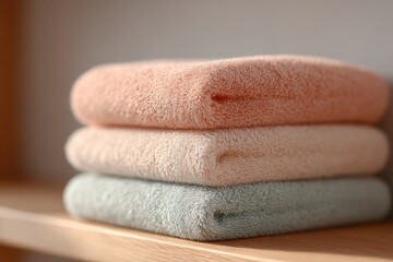 soft neatly folded stack of pastel-colored towels on wooden shelf bathed in natural light minimalistic