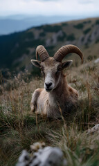 Fototapeta premium Close-Up Portrait of a Resilient Wild Ram Lying Peacefully in Dry Mountain Grass, with Distant Peaks in the Background, Embodying the Spirit of Untamed Wilderness and Natural Beauty in its Habitat