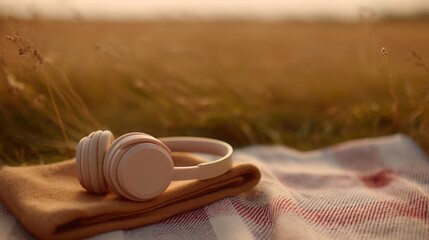 Cozy headphone rest on blanket in tranquil field during golden hour light