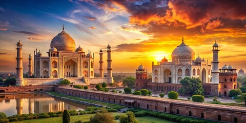 Panoramic India: Taj Mahal & Iconic Landmarks Skyline at Sunset