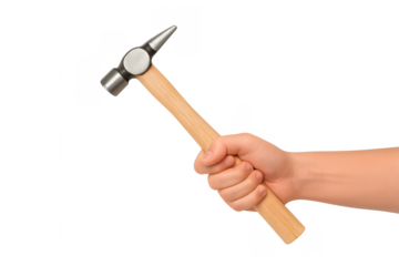 Hand holding metal hammer with wooden handle isolated on transparent background symbolizing construction, repair, DIY tools and manual labor concept