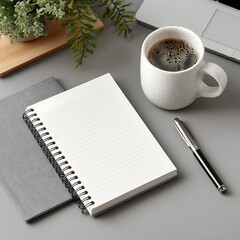 Workspace Arrangement with Coffee: A serene workspace is set up with a cup of coffee, a notepad, pen and plants for productivity.