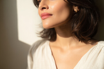 Fototapeta premium closeup portrait of woman showcasing natural makeup with focus on her lips