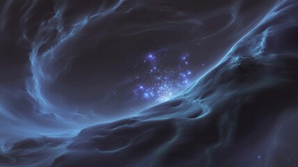 Digital Rendering of Deep Space Nebula in Deep Blue and Black with Glowing Blue Gas Clouds and Dust Lanes