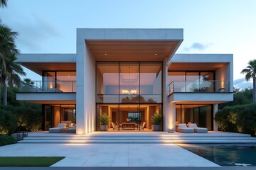 Modern Minimalist Villa at Twilight: Exterior view of elegant two-story house with pool, patio, and large glass windows showcasing a contemporary design.