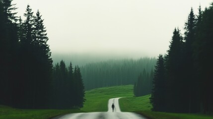 Misty, forest road with solitary figure.