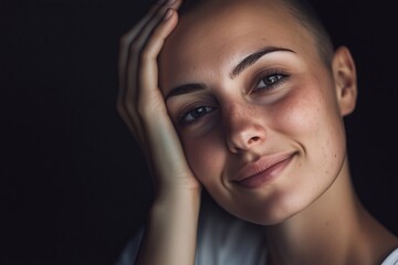 Portrait of a sad smiling woman with short hair, generated AI