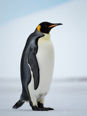 Fototapeta premium Penguin Standing Upright with Black and Yellow Markings on Head and Neck, White Background