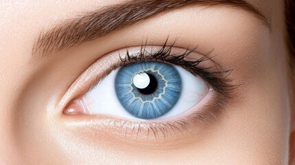 Obraz premium Close-up of a woman's eye with striking blue iris and detailed eyelashes