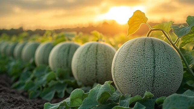 Row of melons in the field at sunset, a summer background, a agricultural melon plantation.