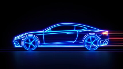 Naklejka premium Neon-lit car silhouette with motion blur on a black background, a high-speed concept, side view. Car speed light concept.