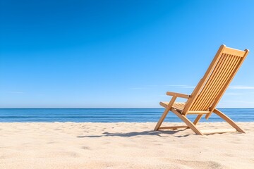 Serene beach scene with empty wooden recliner facing ocean under a clear blue sky