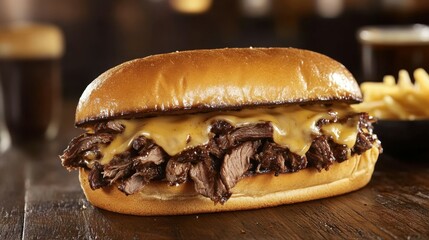 Juicy roast beef sandwich with melted cheese, served with a side of au jus, hearty and comforting