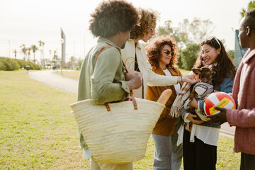 A multiracial group of adult men and women casually interacting in a sunny city park, petting a small dog held by a woman while another carries a volleyball.