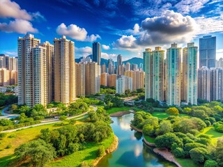 Obraz premium Panoramic View: Hong Kong High-Rise Buildings & Wetland Park Harmony