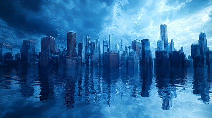 A futuristic city submerged in turbulent water.