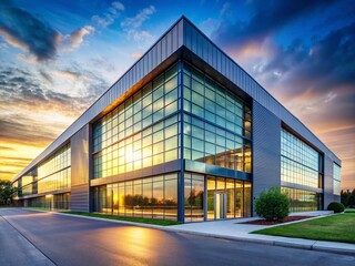Fototapeta premium Panoramic View Modern Industrial Factory Building with Copy Space for Text