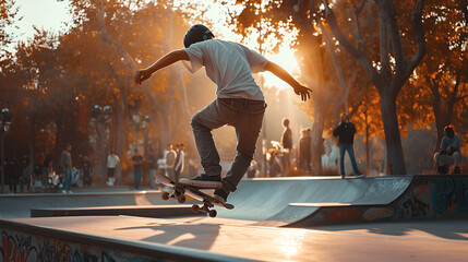 A skateboarder performing a trick at a skatepark during golden hour with people watching in the background