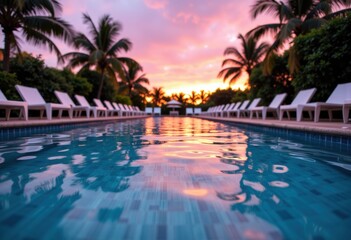 Fototapeta premium Serene sunset over a tranquil pool surrounded by palm trees and lounge chairs