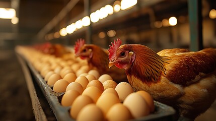 Chickens laying eggs in an egg-laying station, farm setting.