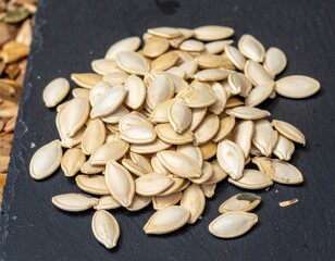 Fresh Pumpkin Seeds on Slate Board at Harvest Market Stall