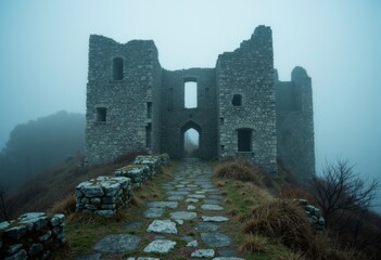 Ancient stone castle ruins on a foggy hillside with a stone pathway leading to the entrance