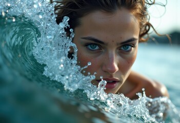 Obraz premium Intense gaze of a woman emerging from ocean waves, capturing raw beauty