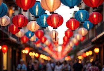Colorful lanterns illuminate a vibrant street during a festive evening