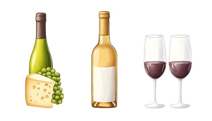 White & red wine bottles, cheese, grapes, and glasses