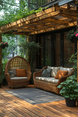 Fototapeta premium Fauteuils suspendus sous pergola en bois dans un jardin zen luxuriant avec plantes vertes, terrasse design et ambiance extérieure relaxante