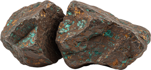 Raw Brown and Teal Mineral Specimens Rough Gemstones Natural Ores Close Up View