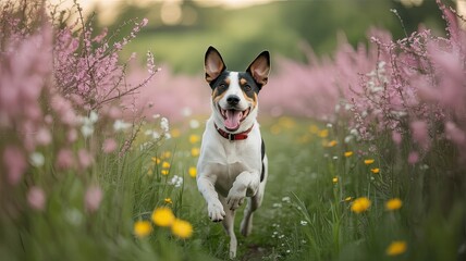 Happy Dog Running Towards the Camera in a Blossoming Flower Meadow on a Sunny Summer Day, Full of Joy and Energy