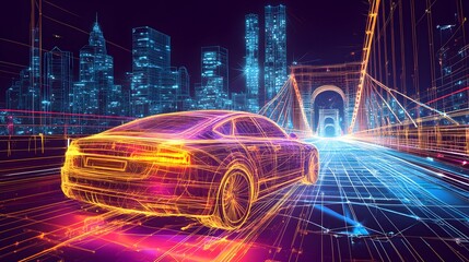Futuristic car travels through a digital city at night.