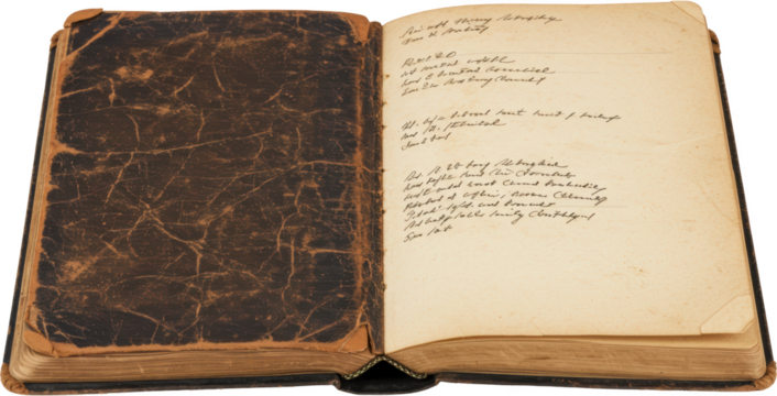 Antique Leather Bound Journal Open Showing Aged Pages with Handwritten Notes and Entries