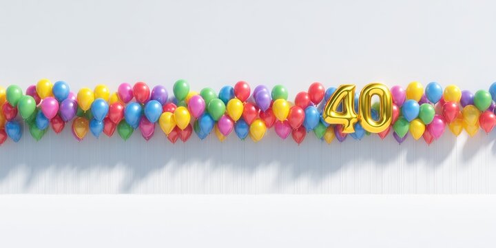 Colorful Balloons and Gold Number Forty on White Background