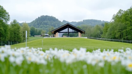 Modern architectural building with large glass windows set in a lush green meadow, surrounded by trees and distant hills, and serene and peaceful environment.