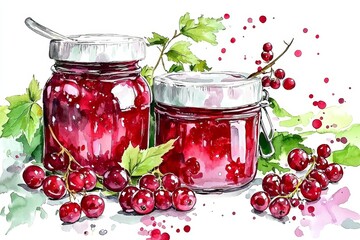 Unique and artistic depiction of red currant marmalade in a watercolor style.