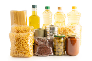 Foodstuffs in donation box isolated on white background with clipping path for volunteer to help people.