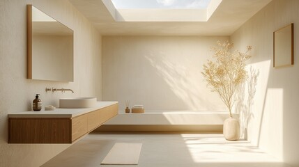 Fototapeta premium Minimalist bathroom bathed in natural light. A serene space with a floating vanity, a large mirror, and a potted plant. Soft, warm tones create a calming atmosphere