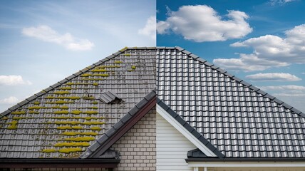 Side-by-Side Roof Comparison Showing Dirty Moss-Covered Tiles Versus Clean Pristine Roof in Perfect Grid Pattern Highlighting Dramatic Transformation Before and After Restoration Work